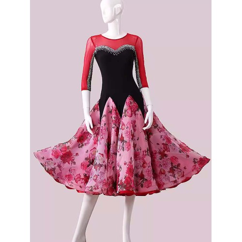 Customized size wine red rose flowers ballroom dancing dresses for women girls competition stage performance waltz tango foxtrot smooth dance long gown